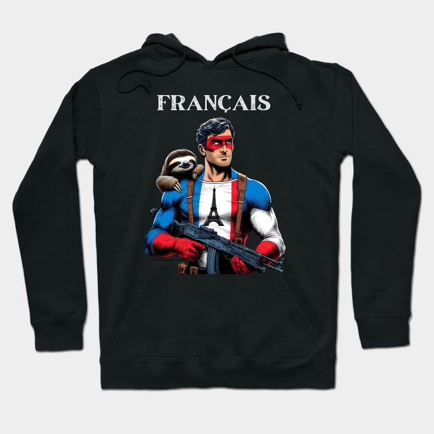 Francais: 80's Gritty Comic Book Hero with Sloth Hoodie by Woodpile